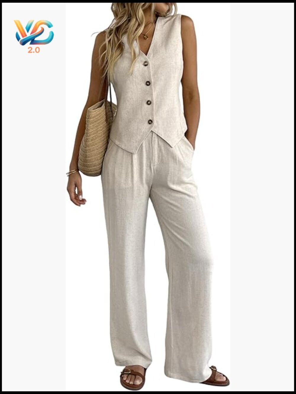 Linen Blend 2-Piece Set Vest Waistcoat Wide Leg Pants Suit